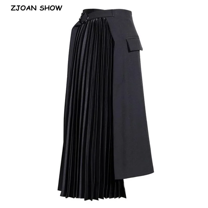 Весенняя новая прошитая плиссированная юбка миди, черная уличная Женская юбка с пряжкой и высокой талией, Лоскутная Асимметричная юбка для скейтера
