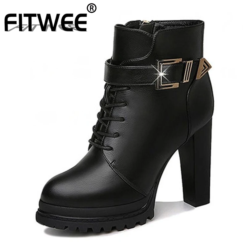 FITWEE Women Ankle Boots Buckle Winter Warm Fashion Shoes Woman High Platform Heels Footwear Size 35-40 | Обувь