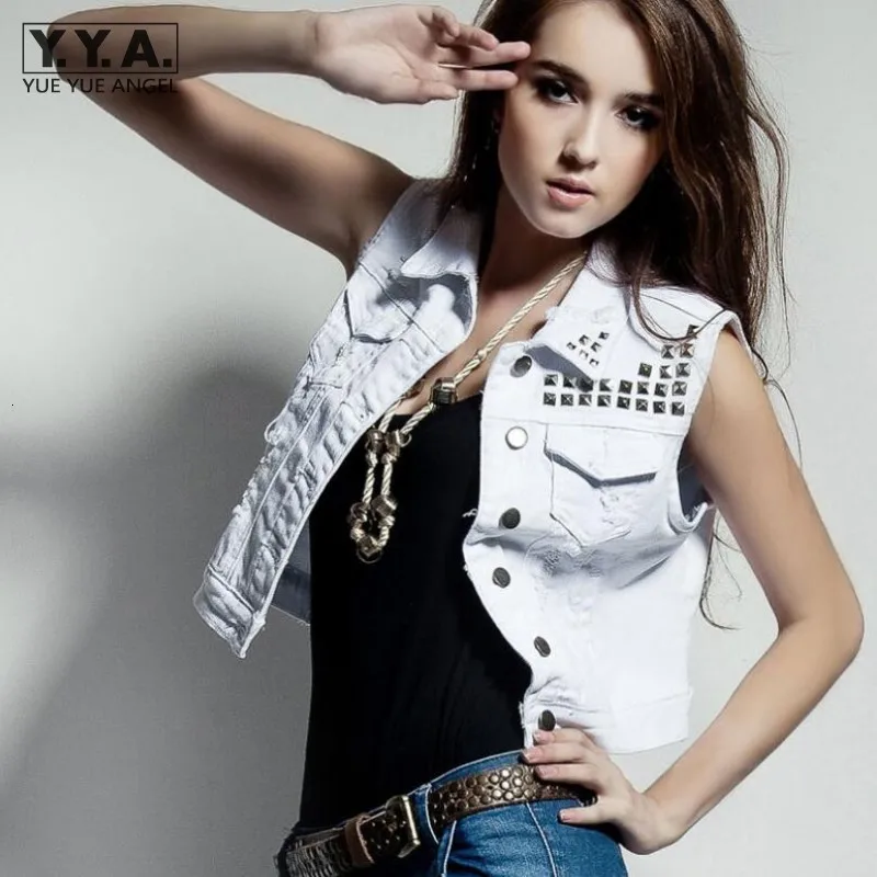 Vintage White Women Denim Vest Waistcoat Cool Rivet Jean Jacket Coat Women Single Breasted Vest Sleeveless Jeans Vest Women