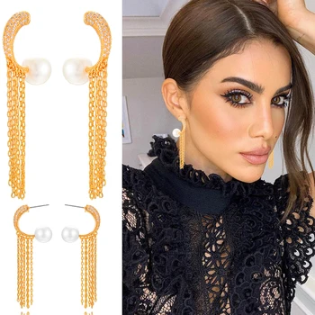 

GODKI Charm Imitation Pearl Tassel Dangle Earrings Trend Cubic Zircon Wedding Engagement Party Dubai gold earring for women 2019