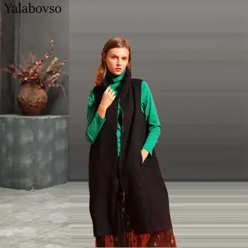 

Loose Long Black Vest Casual Clothes For Woman Sleeveless Female Long Vest With Zipper Black Coor A0AZ40