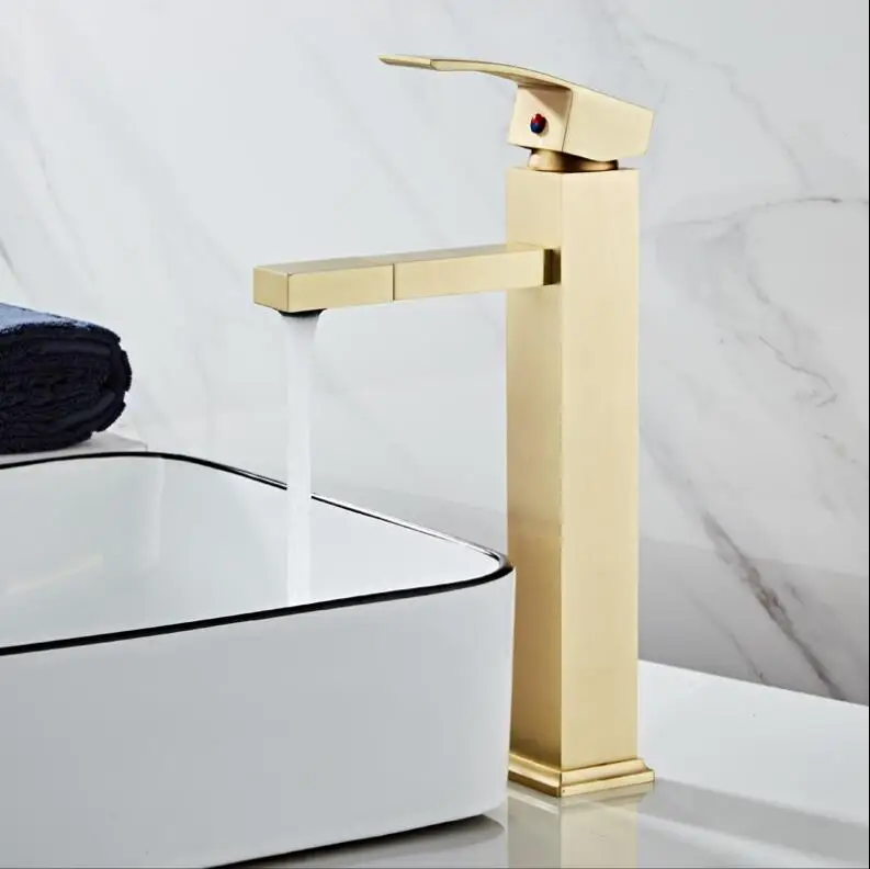 brush gold tall Смеситель для раковины однорычажная щетка Золотой регулятор струи латунный смеситель кран для ванной комнаты для раковины смеситель для раковины воды Золотая кисть - Цвет: brush gold tall