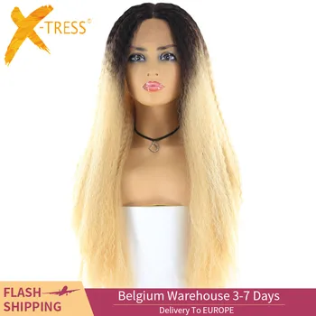 

Blonde Ombre Color Synthetic Lace Front Wigs For Women X-TRESS 26inch Long Kinky Straight Lace Wig Middle Part Africa Hairstyle