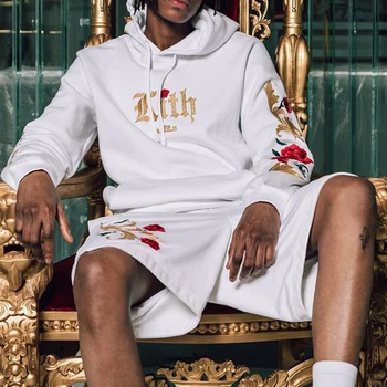 

Gold Letter Rose Lion Embroidery Hooded Hip Hop Hoodies Sweatshirts Men Velvet Pullover Streetwear Casual Male Sport Daily Tops
