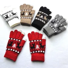 Зимние теплые вязаные перчатки унисекс, теплые перчатки для рук, для сенсорного экрана, смартфона, женские перчатки, полный палец, Рождественский принт, варежки