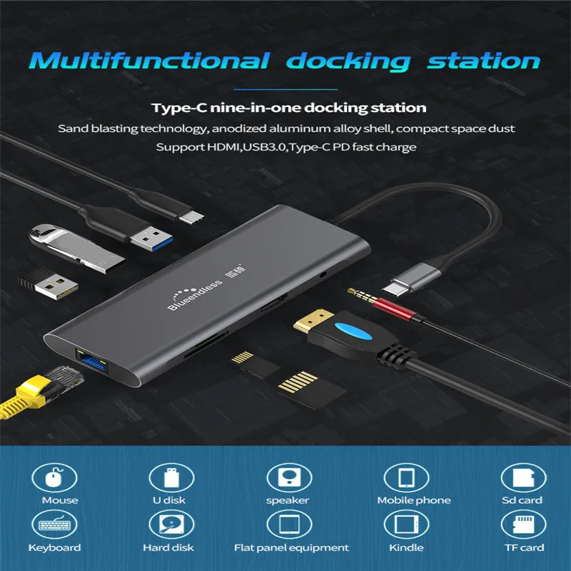 

9 In 1 Type-C Laptop Docking Station USB3.0 HDMI TF LAN PD USB Hub For Macbook Huawei XiaoMi DELL Surface Lenovo Dock Type-C Hub