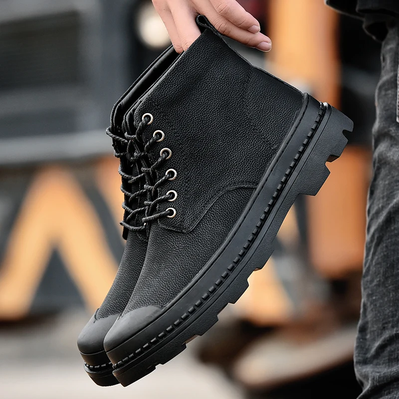 Black Warm Winter Men Boots Genuine Leather Ankle Boots Men Winter Work Shoes Men Military Fur Snow Boots for Men Botas