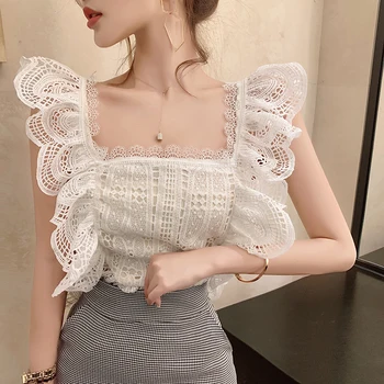 

2020 Summer Women Sweet Hollow Out Tops Ladies White Sexy Sleeveless Ruffled Blouses Lace Top Shirt