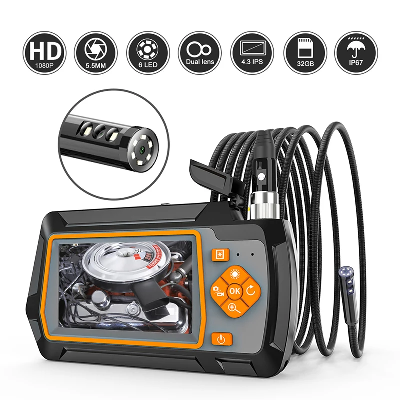 Cámara endoscópica de doble lente para inspección de alcantarillado de coche, lente de 1080P y 5,5mm con pantalla IPS LCD de 4,3 pulgadas, cámara de inspección HD de 2.0MP con 6 LED, 32GB, TF