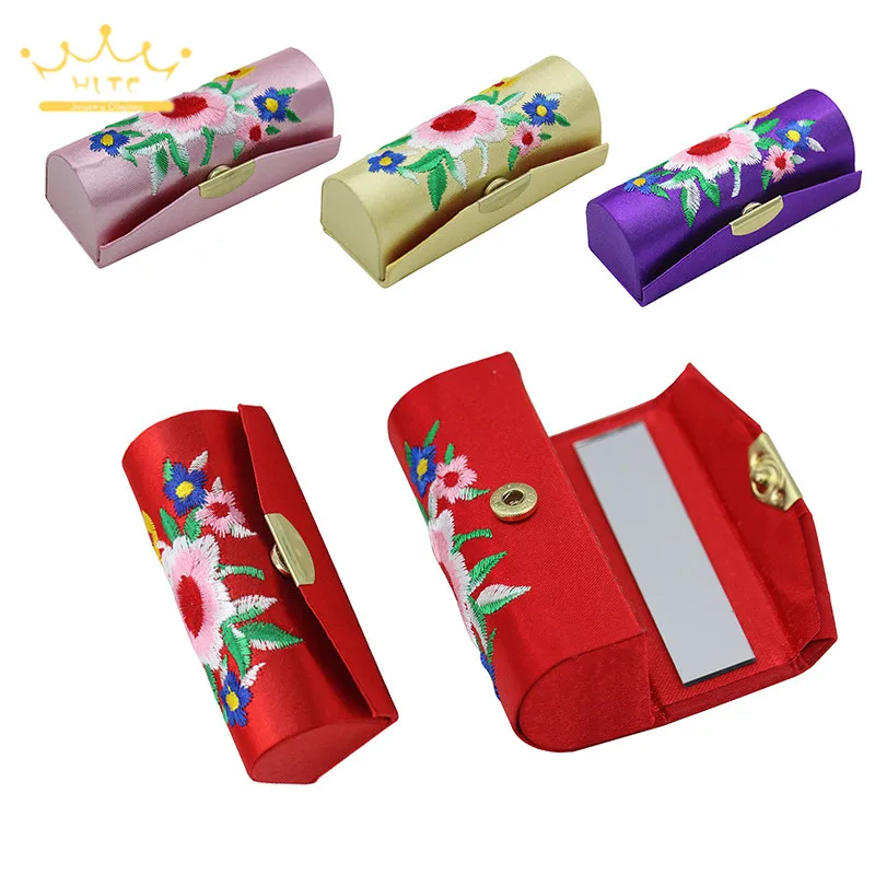 1 Pcs Coin Lipstick Holder Random Color Embroidered Flower Design Lipstick  Case Box with Mirror Hasp Cosmetic Bags