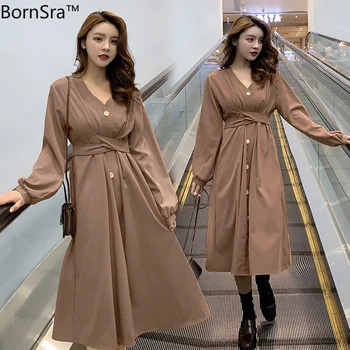 

BornSra 2020 New Arrival Long Sleeve V-neck High Waist Elegant Vintage Solid Dresses Women Summer Pleated Casual Korean Dress