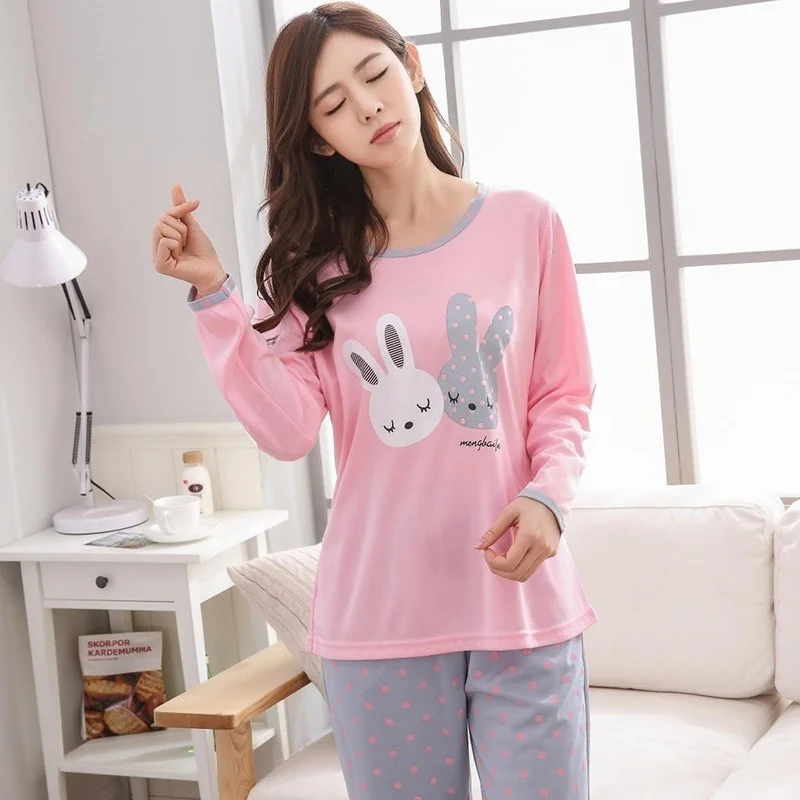 Womens 2PCS/Set Cute Print Pajamas Long Sleeve  Woman Pajamas Cartoon Femme Pyjamas Sleepwear Tops Pants