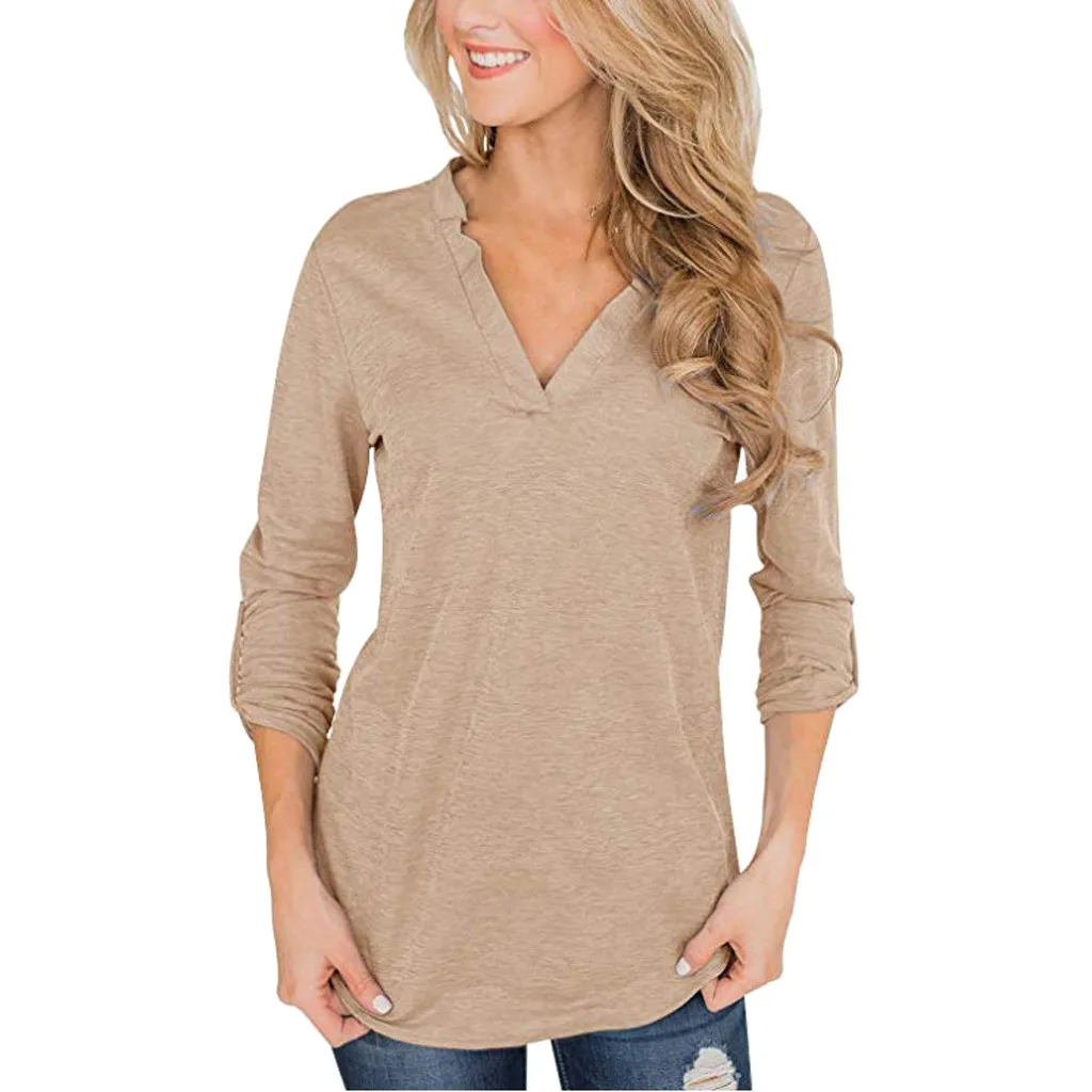 Tshirt Women Fashion 3/4 Roll Sleeve Tops V Neck T-shirt Casual Elegant Camisas Harajuku Camiseta Mujer Top Women T Shirt - Цвет: Коричневый