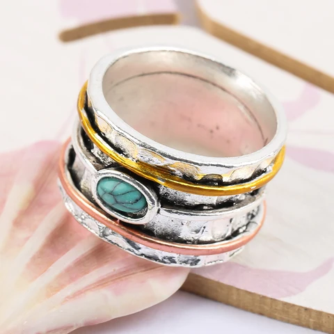 Bohemian Style Width Ring Inlaid Oval Green Stone  Two Tone Design Finger s For Women Personality Jewelry G4M825