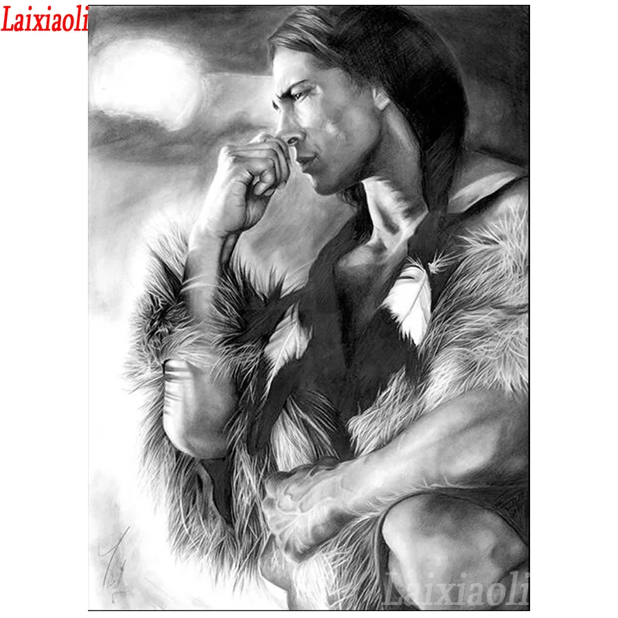 

Black and White Native Indian Figure 5D DIY diamond painting cross stitch diamond embroidery pattern square circular rhinestone