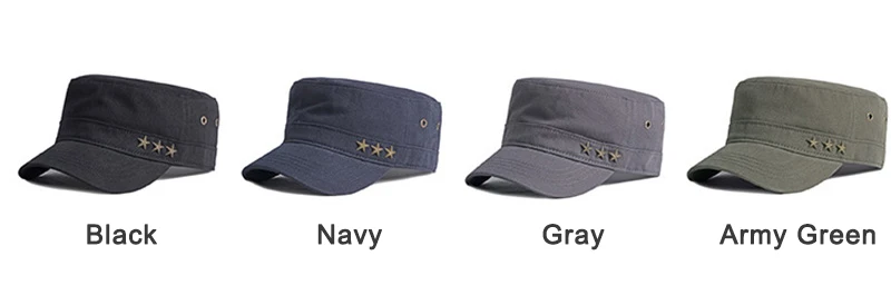 Casual Flache Top Armee Kappen Für Männer Hohe Qualität Baumwolle Militär Hüte Frauen Solid Black Sonnenhut Fünfzackigen Stern dekoration Visier – Detail 1
