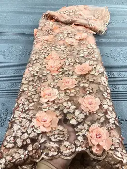 

3D lace fabric 2019 high quality lace latest African french tulle lace fabric with beads wedding Nigerian lace fabrics for party