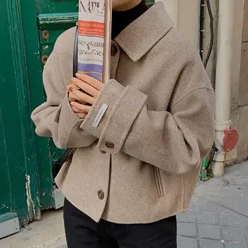 

Autumn Winter Woolen Coat Women Single Breasted Solid Color Short Coat Turn-Down Collar Elegant Warm Streetwear Casual Jackets