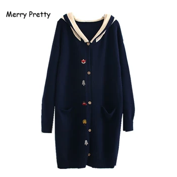 

MERRY PRETTY Women's Knitted Sweaters Cartoon Embroidery Knit Cardigan Single-breasted Loose Sweater With Pockets