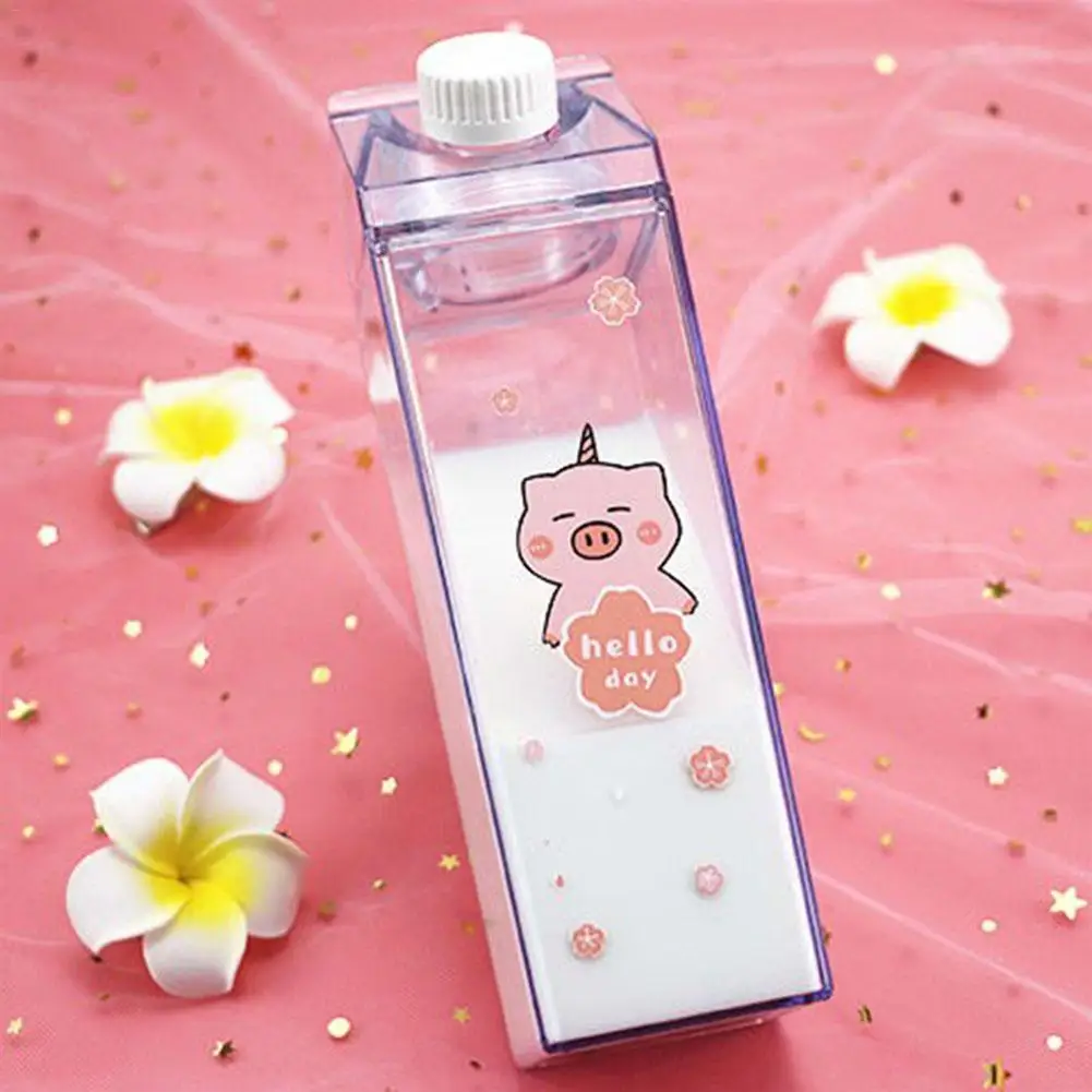 500ml Unique Mini Cute Water Bottles Milk Box Shape Transparent Plastic Cartoon Cherry Pig Drink Bottle Coffee Beer Drinkware