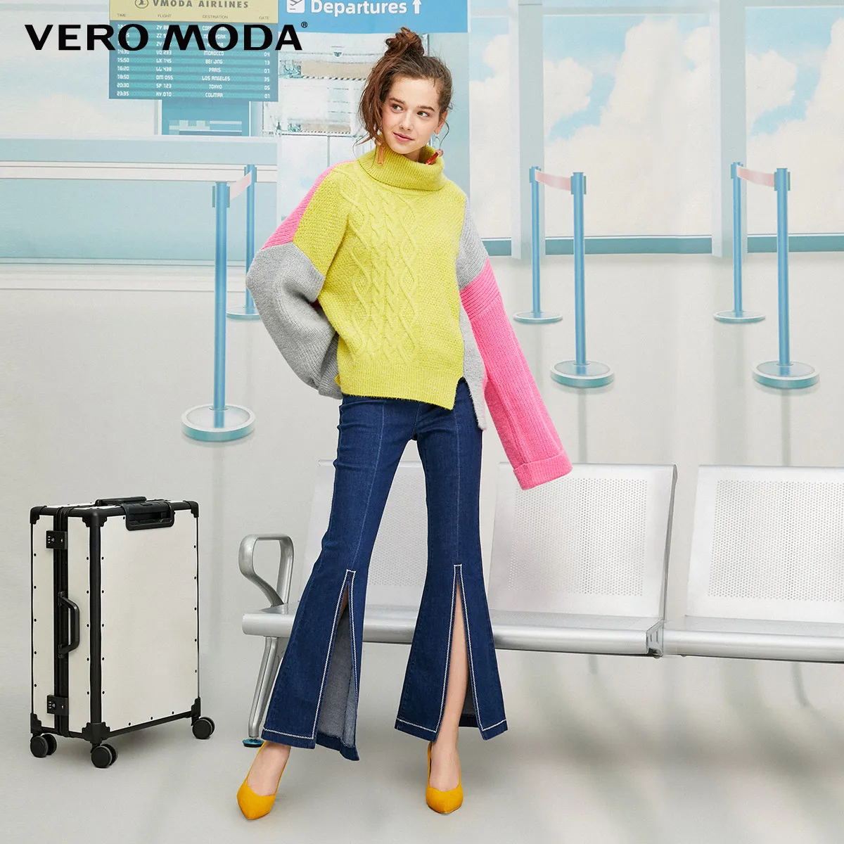 Vero Moda Винтажный Женский Цветной Сращивание с открытыми плечами свободный крой с высоким воротником свитер | 319413557