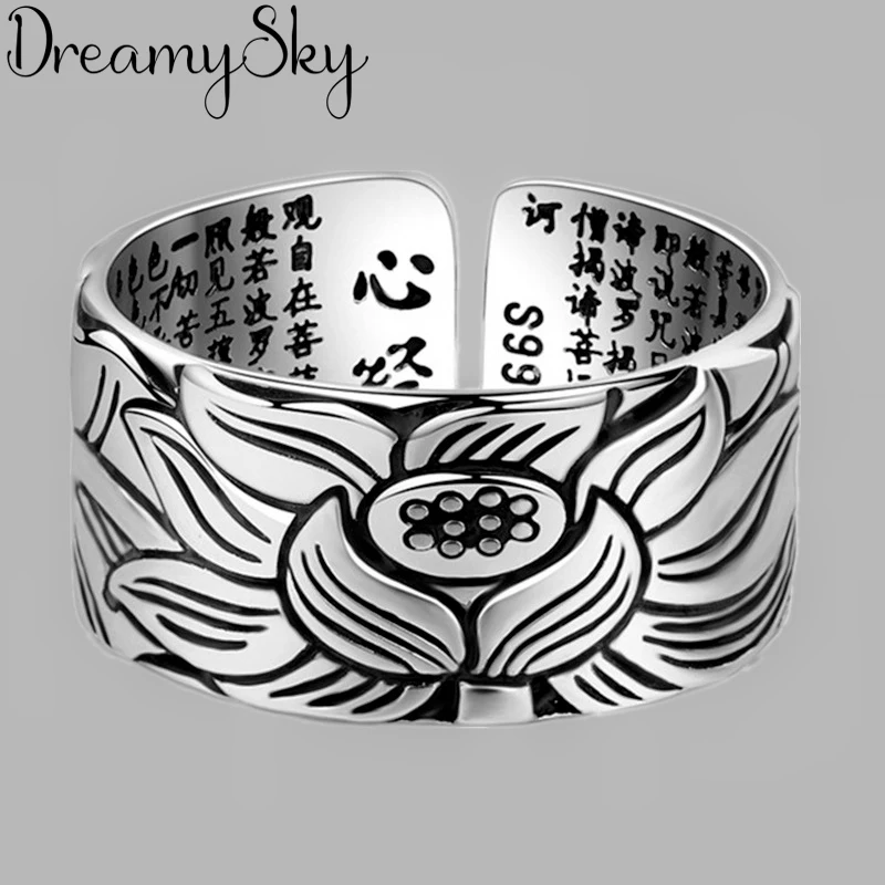 Vintage auténtica plata pura Color Anillos flor de loto para las mujeres boda abierto grande anillo de dedo Anillos Anelli