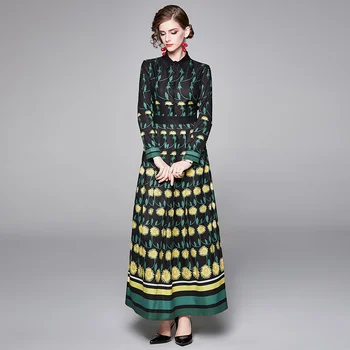 

2020 Spring Summer Runway Luxury Vintage Floral Print Collar Long Sleeve Empire Waist Women Lady Casual A-Line Maxi Dress