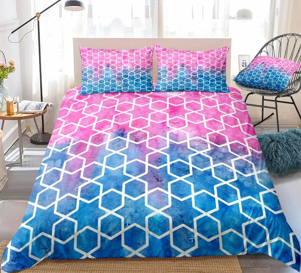 Акварельные геометрические пододеяльники, набор розово-голубых мозаичных постельных принадлежностей для мальчиков и девочек, постельное белье из микрофибры, 3 шт., розовый, синий, Королевский, Прямая поставка