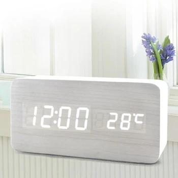 

Creative led voice-activated wood clock home office power saving night light electronic alarm clock digital display clock calend