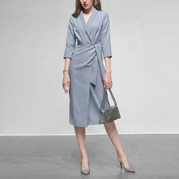 

Spring Ladies Elegant Blue Striped Blazer Office Dress 2020 Women Vintage 3/4 Sleeve A-line Midi Dress