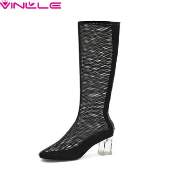 

VINLLE 2020 Mesh Cut Outs Zipper Cool Boots Transparent Square High Heel Knee High Boots Round Toe Fashion Women Shoes Size34-43