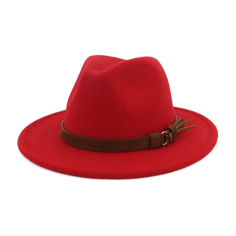 Шерстяная Женская и мужская шляпа для зимы и осени, элегантная женская фетровая широкополая джазовая шляпа, размер 56-58 см - Цвет: RD