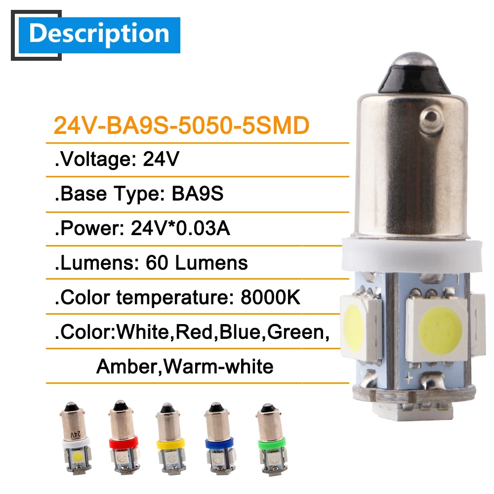 10 шт./лот, 24 В, BA9S W6W 5050, 5 SMD светодиодный светильник, авто лампа, клиновидный маркер, светодиодный индикатор для автомобиля, грузовика, сигнальный светильник, лампа для чтения на парковке, 60лм