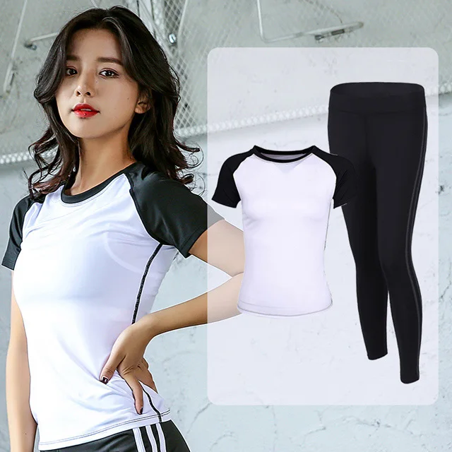 White 2Pcs set Для женщин Набор для йоги комплекты тренажерный зал Фитнес одежда спортивная футболка для бега длинные штаны, облегающие, для пробежки тренировки Леггинсы для йоги спортивные костюм - Цвет: White 2Pcs set