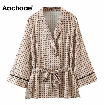 

Aachoae Fashion Geometric Print Sleep Tops Lady Long Sleeve Loose Bandage Sleepwear Double Breasted Vintage Pajamas Women 2020