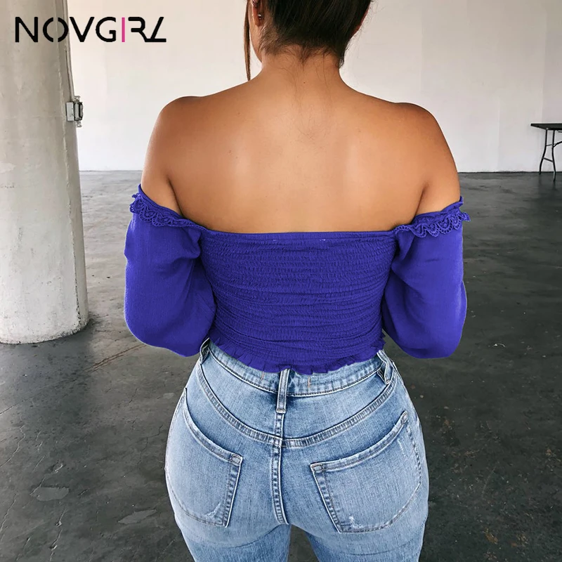 Novgirl, сексуальные женские футболки на шнуровке с открытыми плечами, осень, v-образный вырез, длинный рукав-фонарик, кружевные топы, Повседневная Уличная футболка