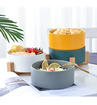 

1PCS 780ML Large Creative Fruit Salad Bowl Dessert Bowl Nordic Home with Wooden Foot Personality Ceramic Bowl
