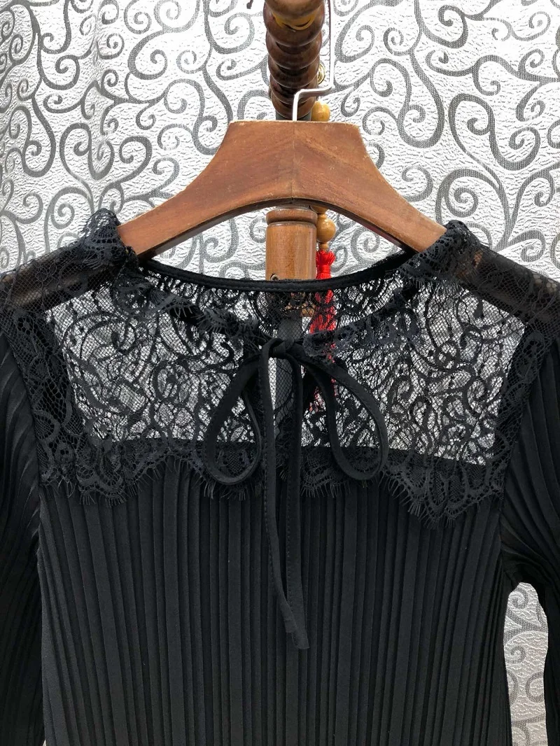 High Quality New Autumn Fashion Black Dress Women Sexy Sheer Lace Patchwork Long Sleeve Pleated Dress Above Knee Ladies