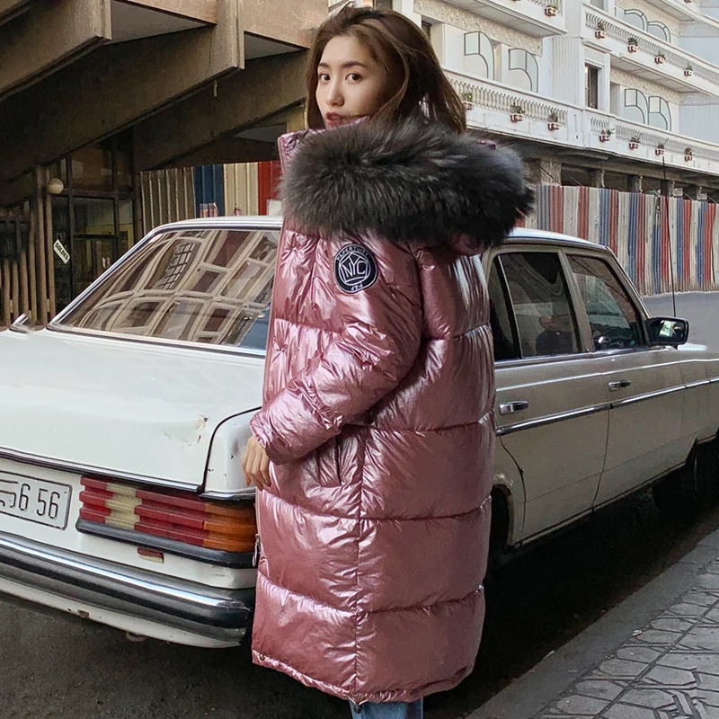 #*Cheap 2019 Winter Jacket Women Cotton Padded Hooded Parkas With Fur Collar Fashion Shining Fabric Long Thicken Outwear Coat