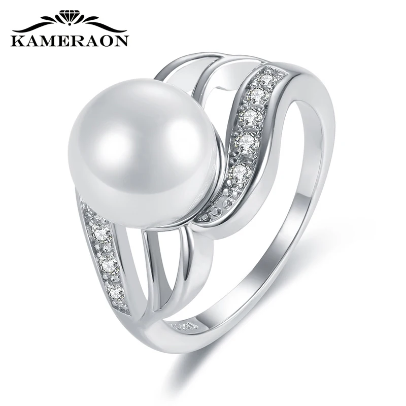 

KAMERAON Dainty Cubic Zirconia Pearl Ring Sterling Silver 925 Jewelry Hollow-carved Design Female For Wedding Wide Rings R0917