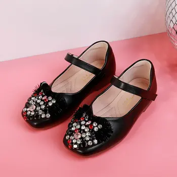 

2020 Girls Leather Shoes Flat Rhinestone Flower Children Soft-sloe Princess Kids Shoes High Quality Toddler Flats Casual Shoes