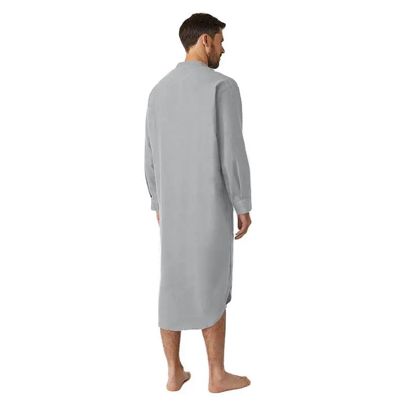 Men Retro Stand Collar Muslim Nightgown Home Wear Long Sleeve Pocket Button-down Solid Color Sleep Robes Leisure