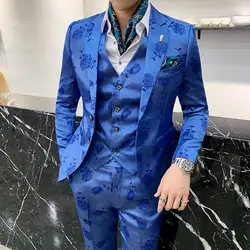 Королевский синий смокинг элегантный костюм синие мужские костюмы дизайнеры 2019 с цветочным принтом Мужские Роскошные костюмы Vestidos Hombre Para