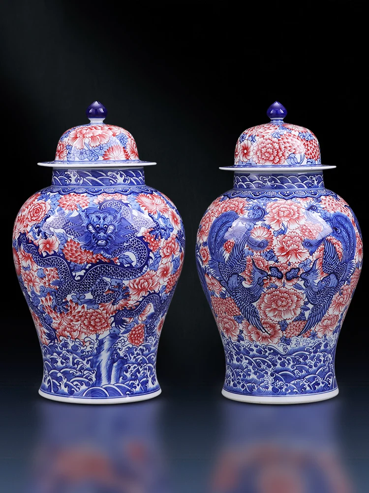 

Jingdezhen Ceramics Porcelain Bottle Best Antique Vase Decoration Hand Painted Glaze Red Dragon and Phoenix General Tank 2 Model