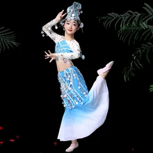 Новое поступление, романтические Детские Костюмы Для Танцев Живота для девочек, костюм, индийская танцевальная одежда с блестками, топ+ юбка, платье для танцев TA2249