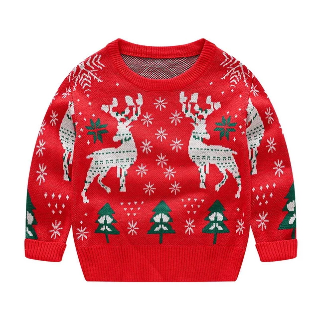 Autumn Winter Christmas Sweater Baby Boys and Girl Children O-Neck Print Knitted Sweater Kid Pullover Cartoon Teenager Sweater White