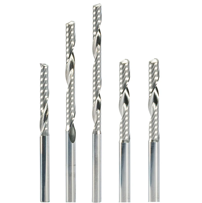 

High Quality 10pcs 3.175mm 4mm CNC Bits One Single Flute Spiral Router Carbide PVC Wood End Mill Cutter Tool 17mm 22mm 42mm 52mm