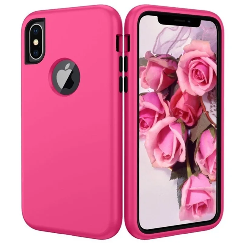 3 in 1 Heavy Duty Armor Shockproof 360 full Protect Case For iPhone X XS MAX XR 8 7 6 6S Plus Hybrid TPU Silicone+ Rubber Case - Цвет: Rose Red
