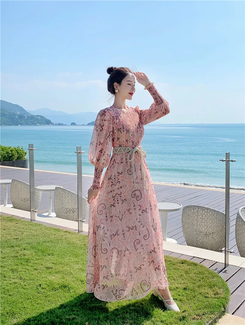 Винтажное шифоновое женское подиумное платье с длинным рукавом и поясом 2020