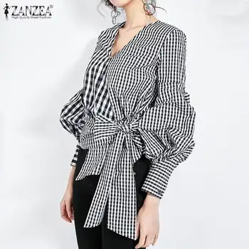 

Women's Asymmetrical Blouse 2020 ZANZEA Stylish Check Shirts Casual Long Sleeve Blusa Female V Neck Bow Tie Tops Plus Size Tunic
